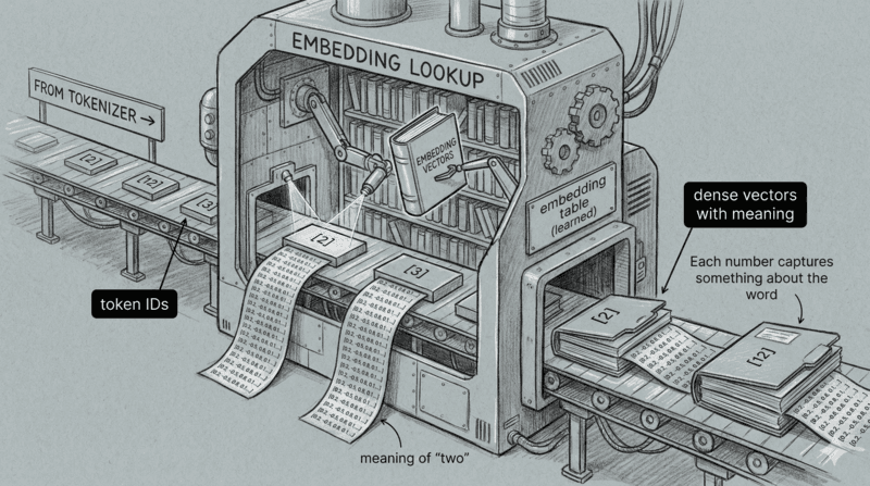 Embedding factory illustration showing token IDs being expanded into rich vectors of meaning