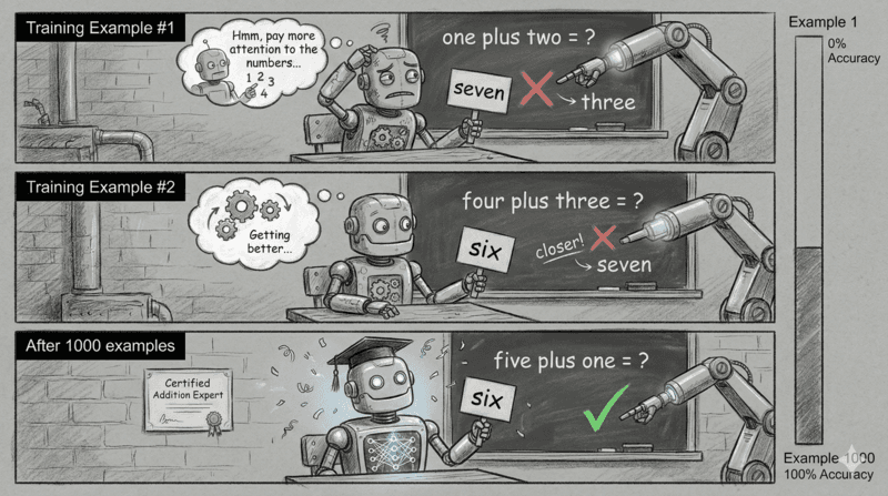 Robot learning through trial and error, progressing from wrong guesses to correct answers