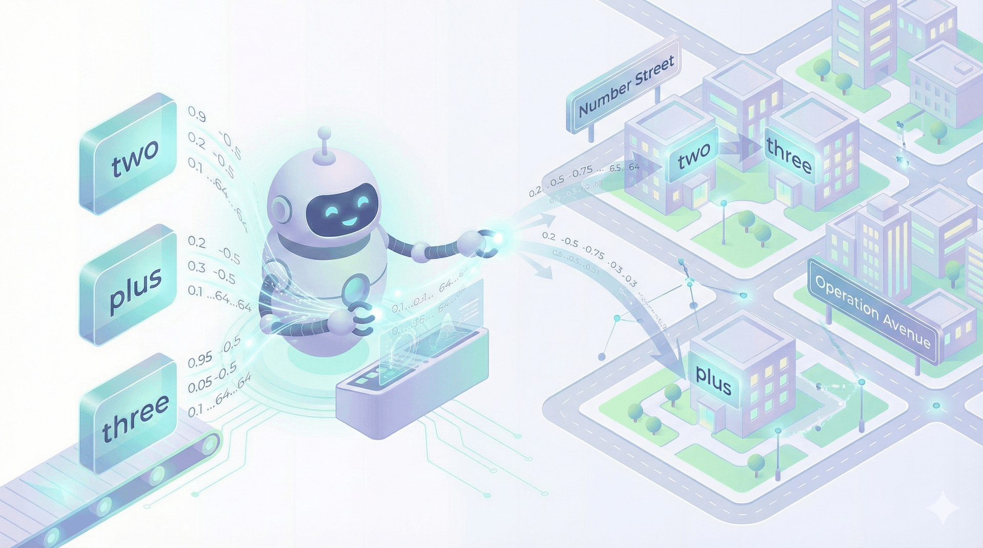 Embedding illustration showing words being placed in a city map where similar words are neighbors