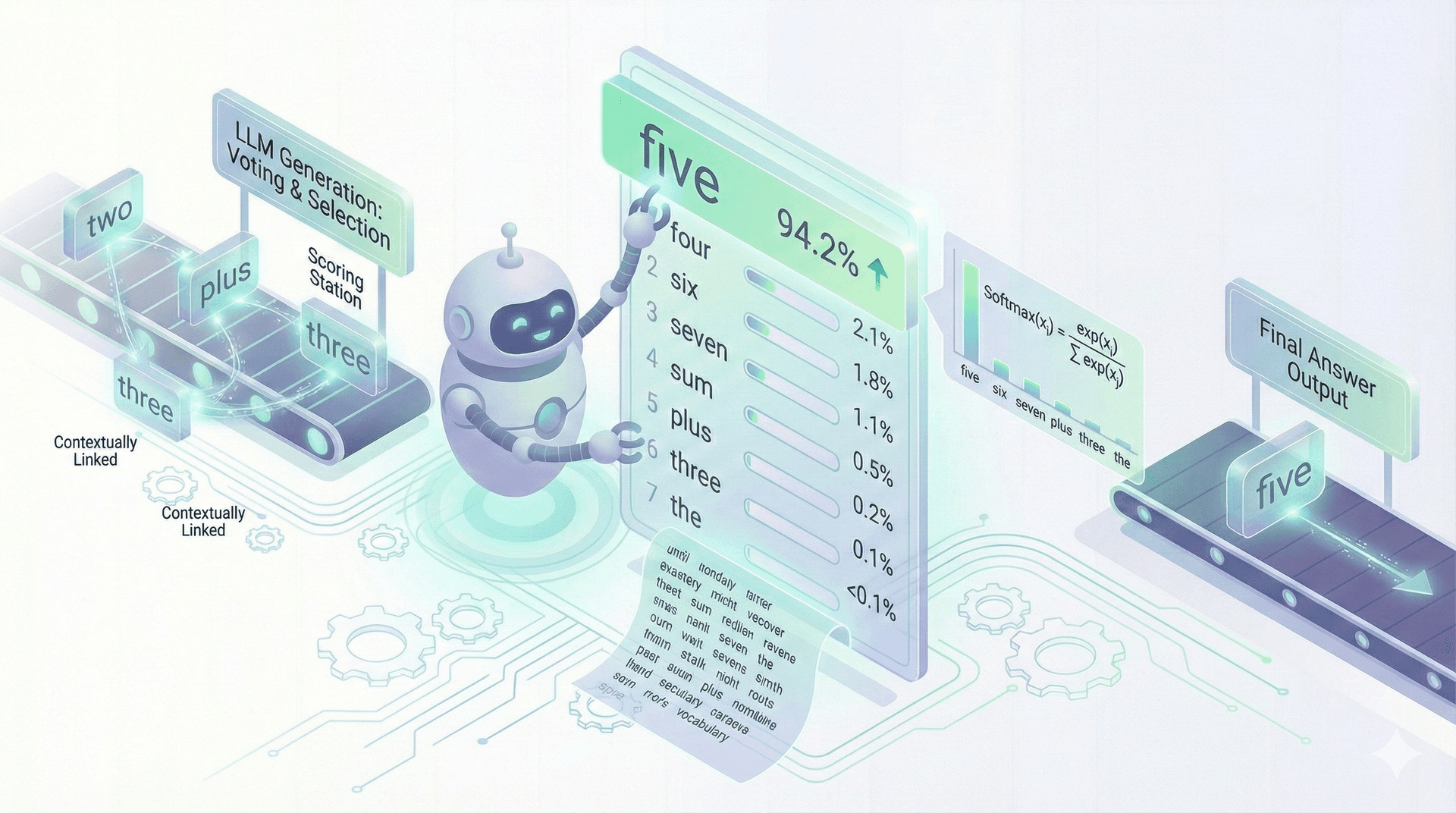 Generation illustration showing probability scores for words and selecting the highest probability word as output