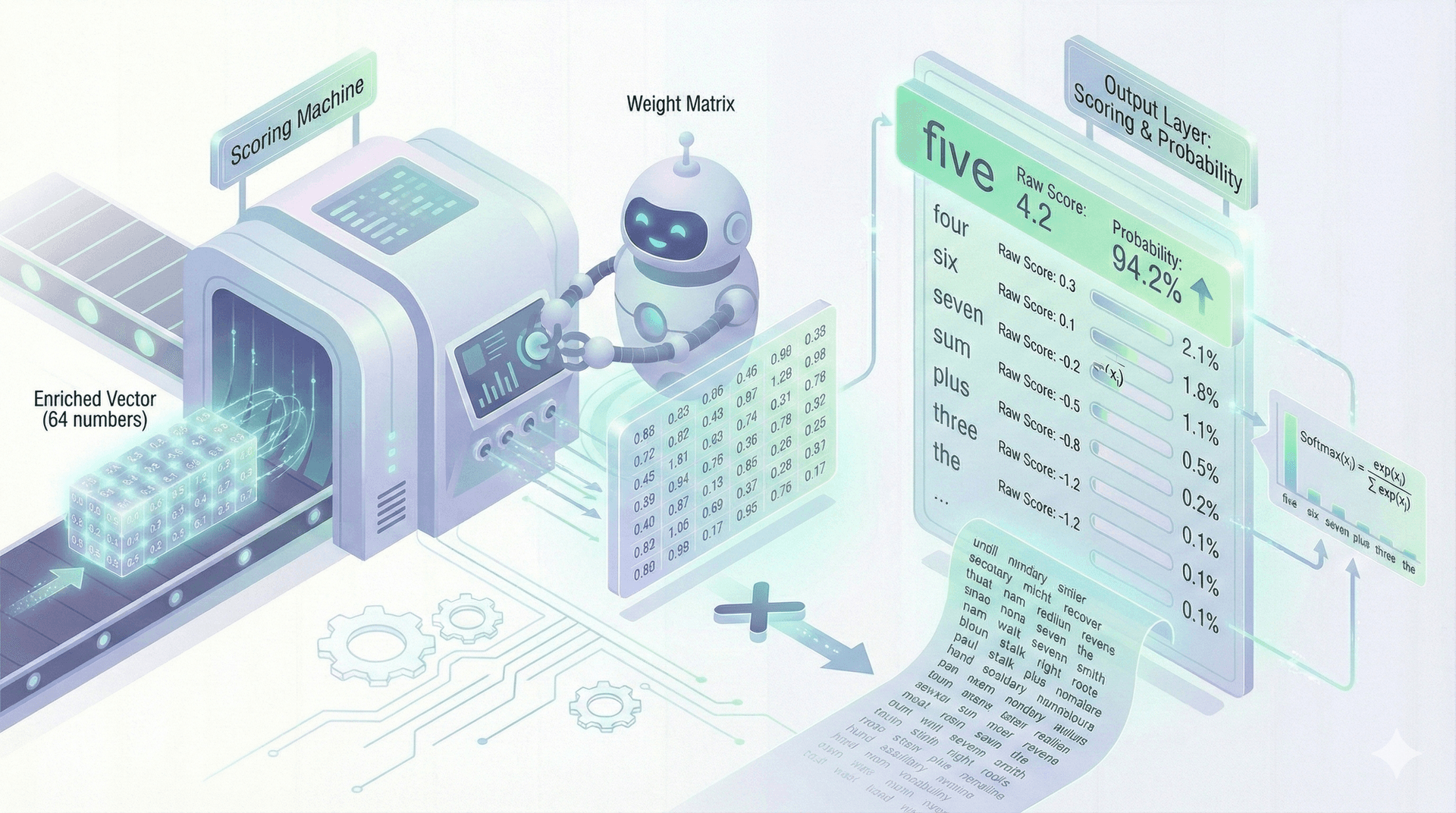 Output layer illustration showing vectors being scored and converted to probabilities via softmax