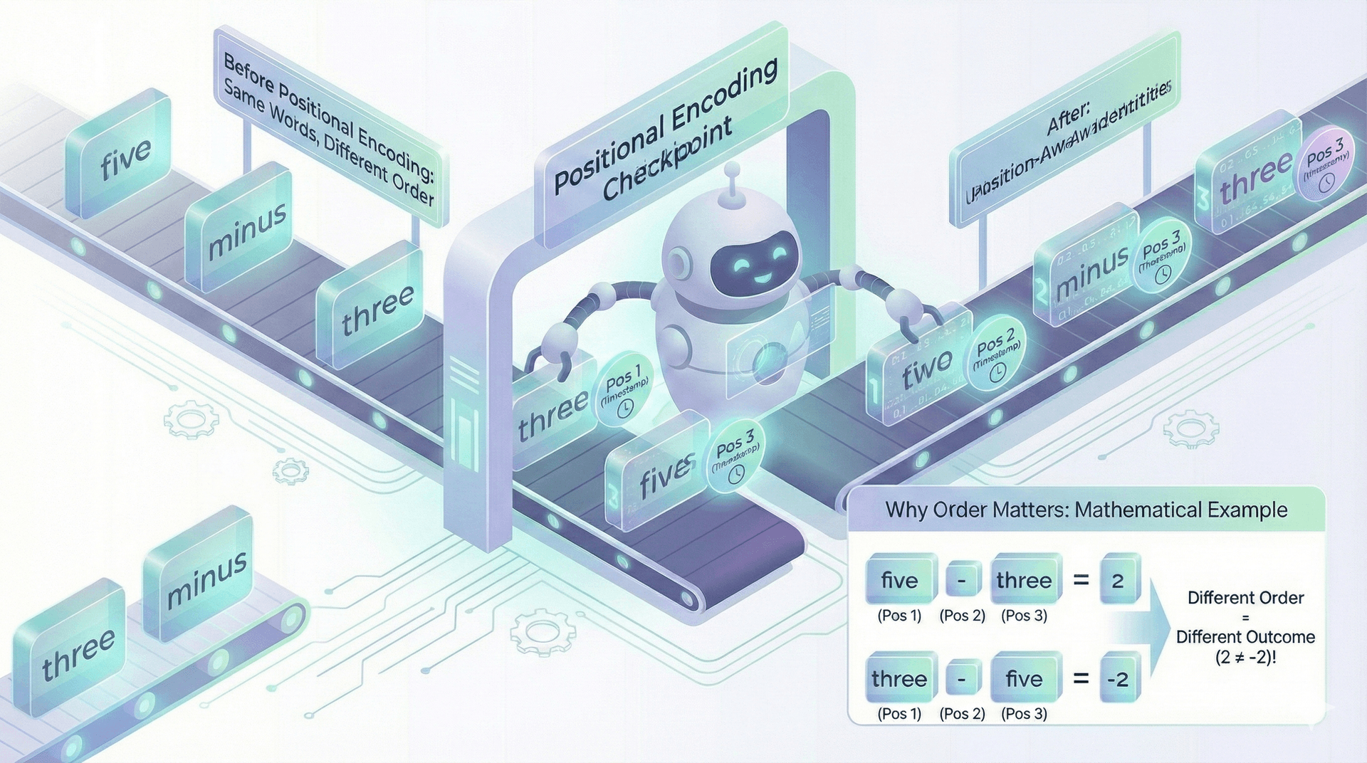 Positional encoding illustration showing how word order matters - same words in different positions give different results