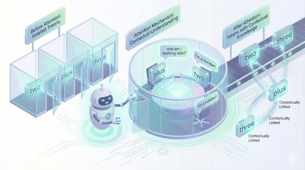 Transformer attention illustration showing isolated tokens communicating in a meeting room to gain contextual understanding