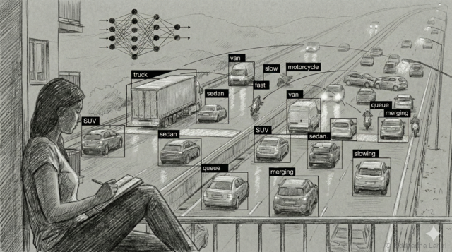 A person on a balcony observing a highway with vehicles approaching a speed breaker in various weather conditions