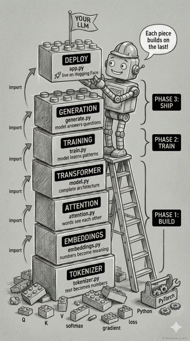 A robot building a tower of lego blocks, each representing a step: Tokenizer (tokenizer.py), Embeddings (embeddings.py), Attention (attention.py), Transformer (model.py), Training (train.py), Generation (generate.py), and Deploy (app.py). Three phases labeled: Phase 1 BUILD, Phase 2 TRAIN, Phase 3 SHIP. Speech bubble says 'Each piece builds on the last!'