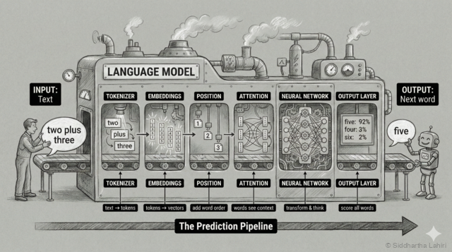 LLM as a factory machine: Input text 'two plus three' enters on the left, passes through six chambers (Tokenizer, Embeddings, Position, Attention, Neural Network, Output Layer), and outputs 'five' on the right. Labels show the prediction pipeline from text to tokens to vectors to the final word prediction.