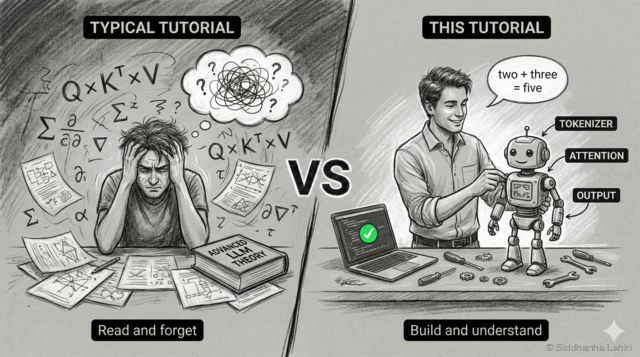 Typical Tutorial vs This Tutorial: Left side shows a frustrated person surrounded by abstract math equations like Q × K^T × V with caption 'Read and forget'. Right side shows a person building a robot with labeled parts (Tokenizer, Attention, Output) with caption 'Build and understand'.
